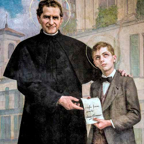 Foto ilustrativa de Dom Bosco com o jovem Carlos.
